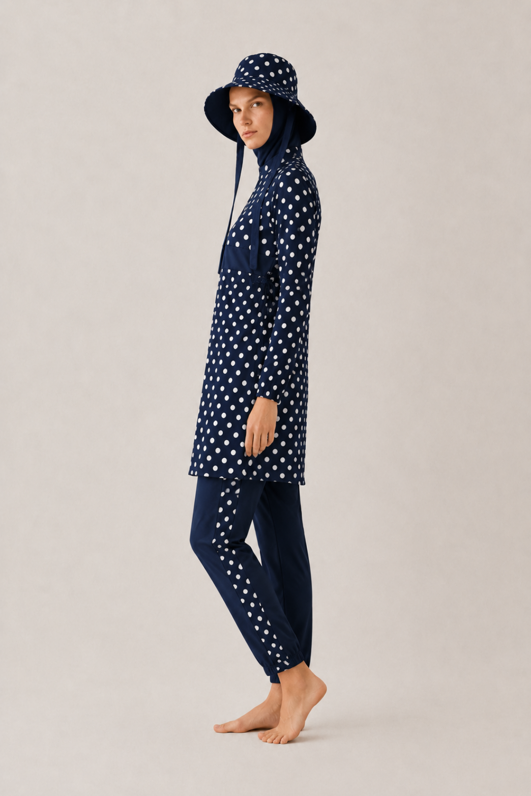 PEARL DOT | Beyaz Puantiyeli Lacivert Tesettür Mayo 5 li Set