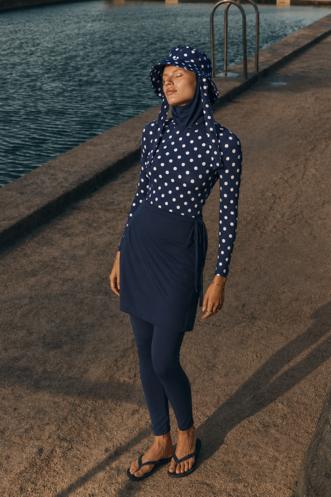 PEARL DOT | Beyaz Puantiyeli Lacivert Yüzücü Tesettür Mayo 5 li Set