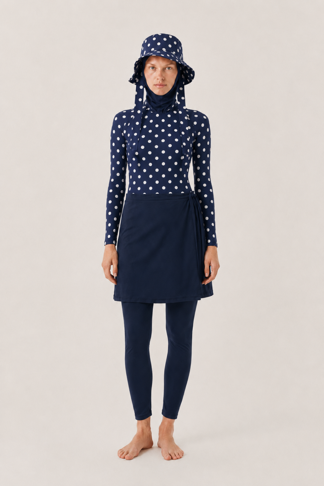 PEARL DOT | Beyaz Puantiyeli Lacivert Yüzücü Tesettür Mayo 5 li Set