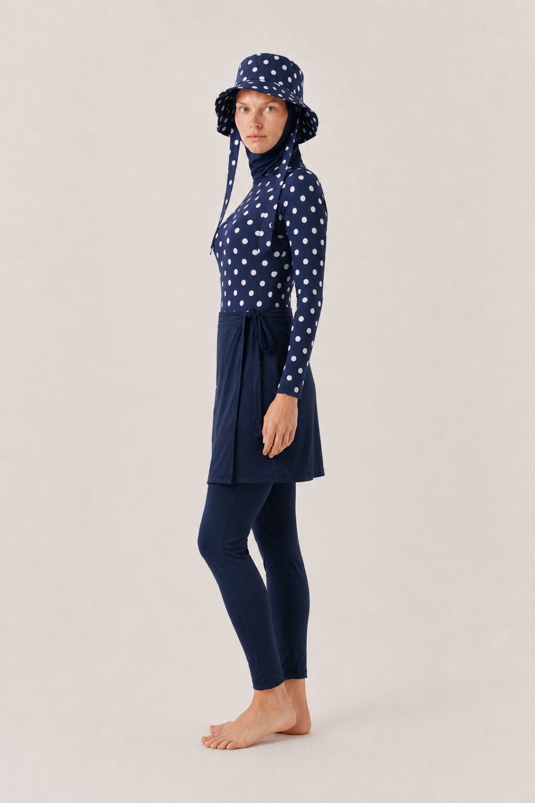 PEARL DOT | Beyaz Puantiyeli Lacivert Yüzücü Tesettür Mayo 5 li Set