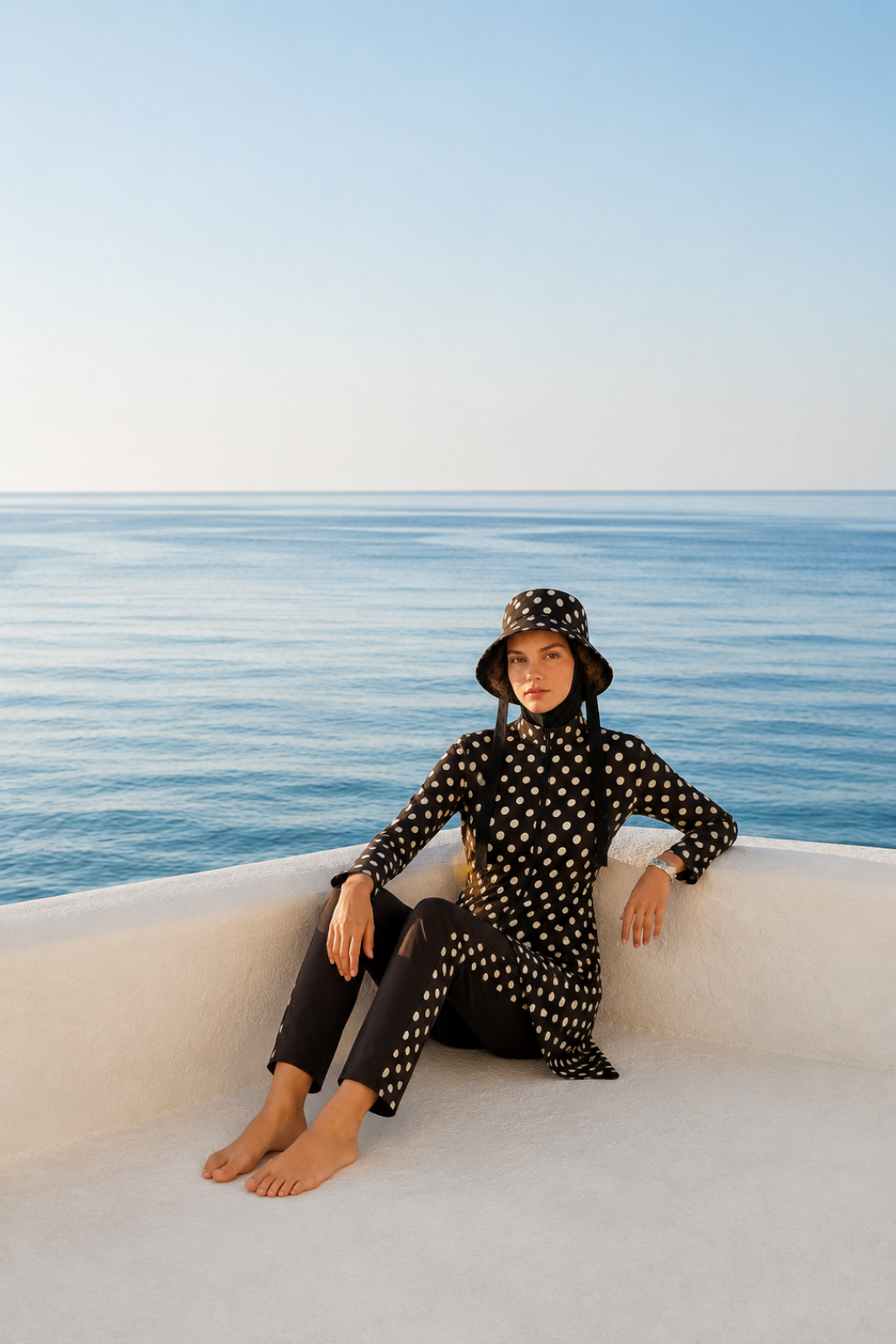 PEARL DOT | Butter Yellow Puantiyeli Kahve Stoperli Tesettür Mayo 5 li Set