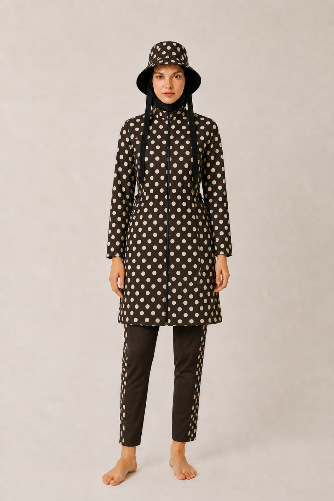 PEARL DOT | Butter Yellow Puantiyeli Kahve Stoperli Tesettür Mayo 5 li Set