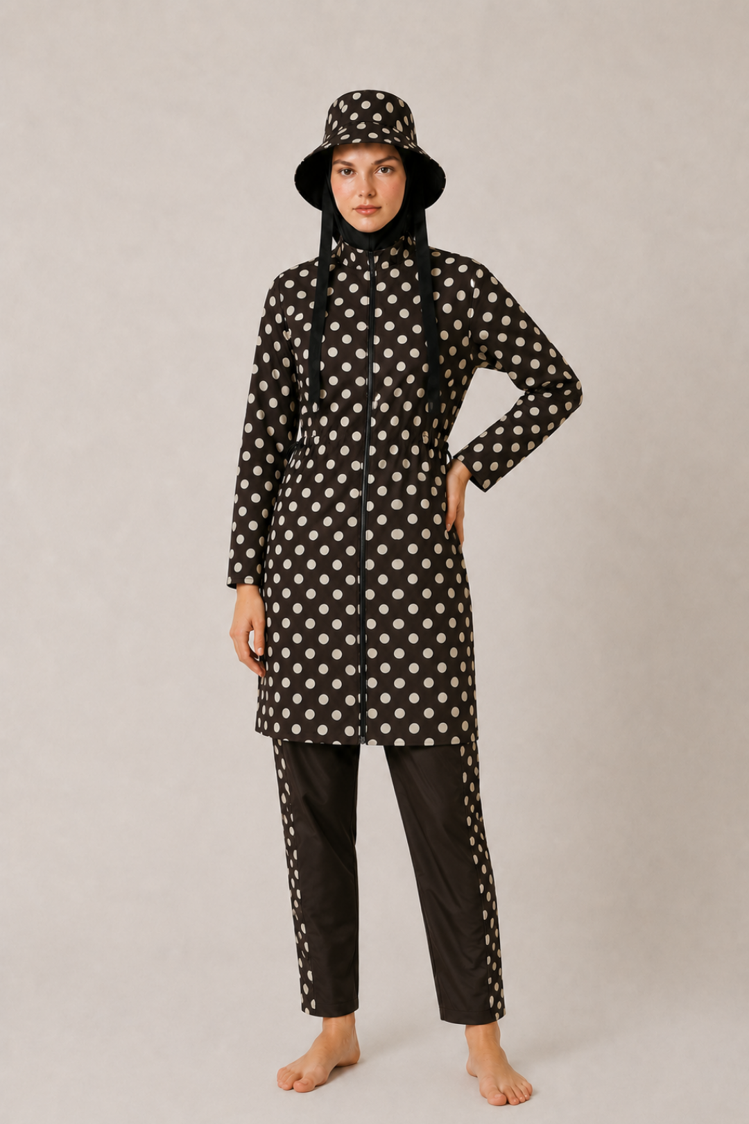 PEARL DOT | Butter Yellow Puantiyeli Kahve Stoperli Tesettür Mayo 5 li Set