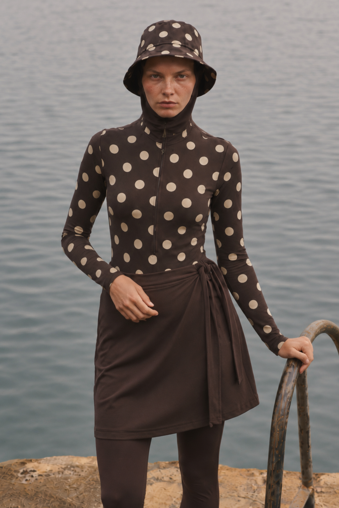 PEARL DOT | Butter Yellow Puantiyeli Kahve Yüzücü Tesettür Mayo 5 li Set