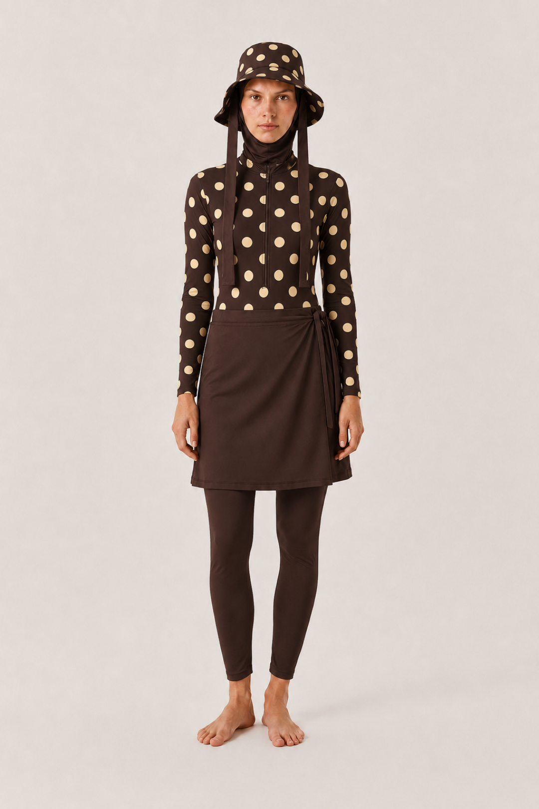 PEARL DOT | Butter Yellow Puantiyeli Kahve Yüzücü Tesettür Mayo 5 li Set