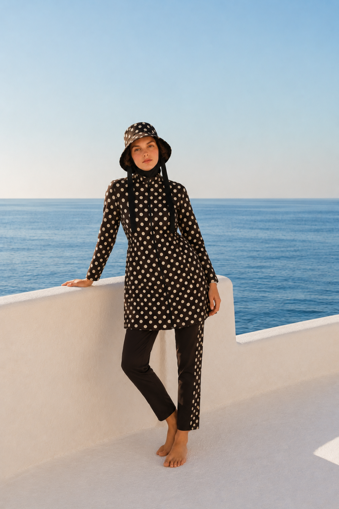 PEARL DOT | Butter Yellow Puantiyeli Kahve Stoperli Tesettür Mayo 5 li Set