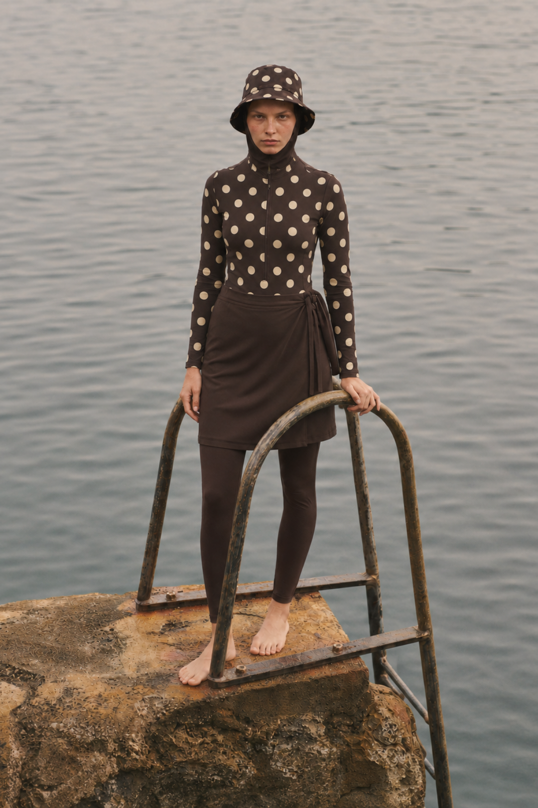 PEARL DOT | Butter Yellow Puantiyeli Kahve Yüzücü Tesettür Mayo 5 li Set