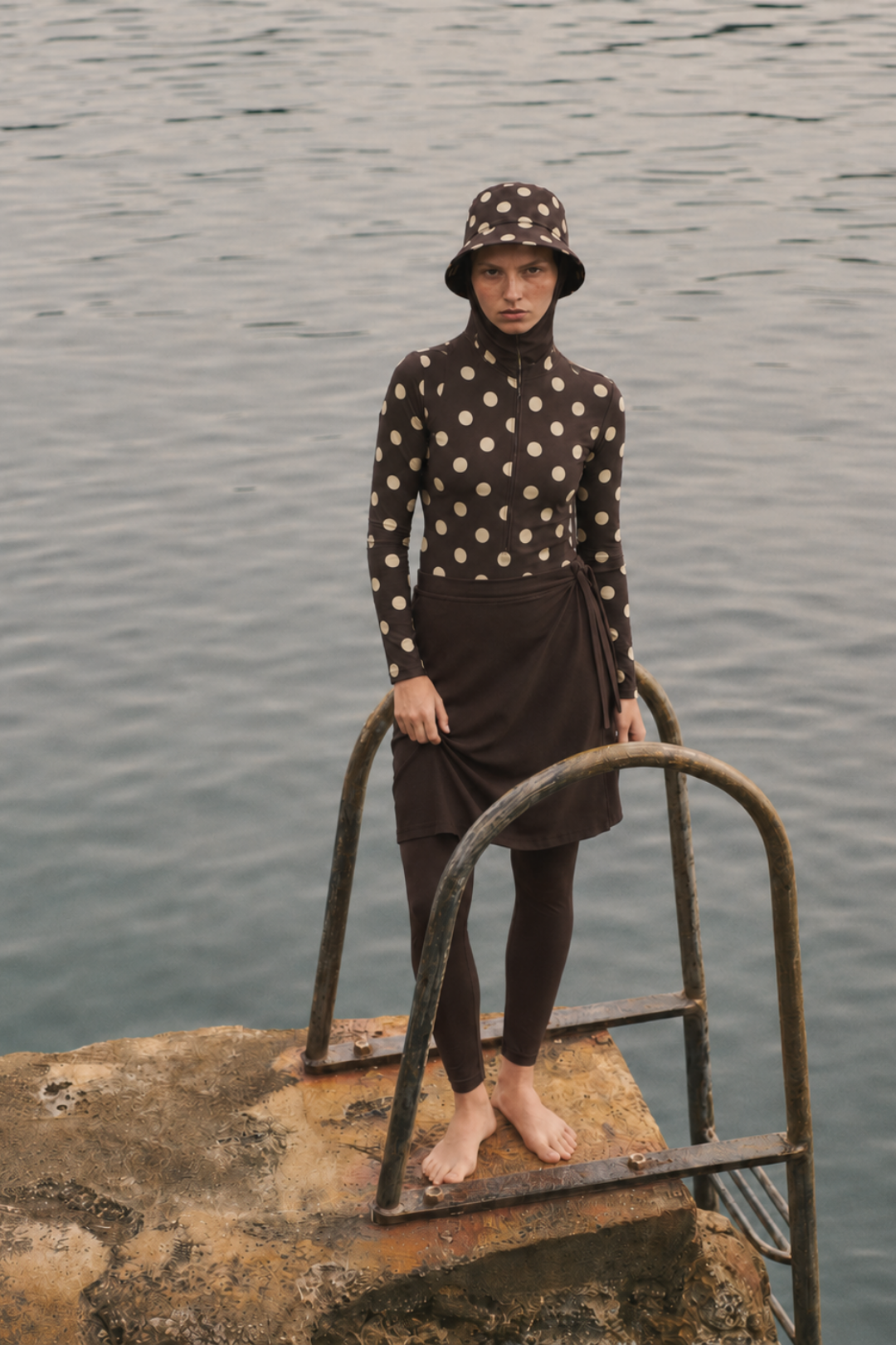 PEARL DOT | Butter Yellow Puantiyeli Kahve Yüzücü Tesettür Mayo 5 li Set