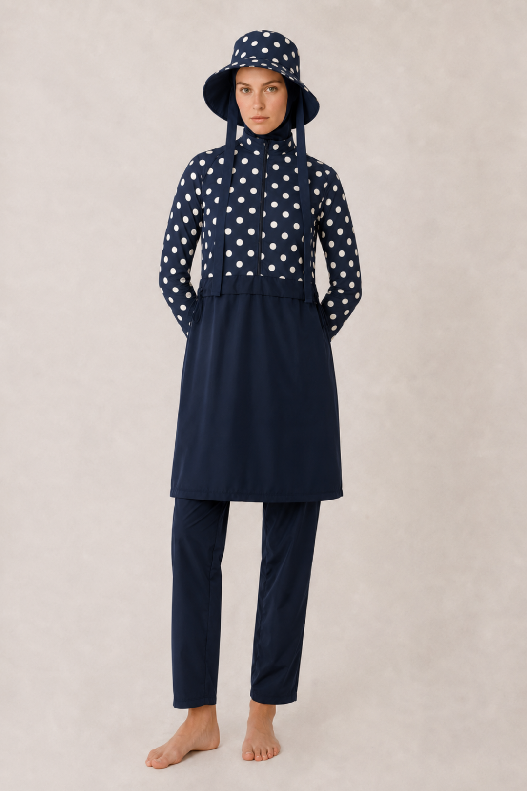 PEARL DOT |  Önden Yarım Fermuarlı Yanları Stoperli Beyaz Puantiyeli Lacivert Tesettür Mayo 5 li Set