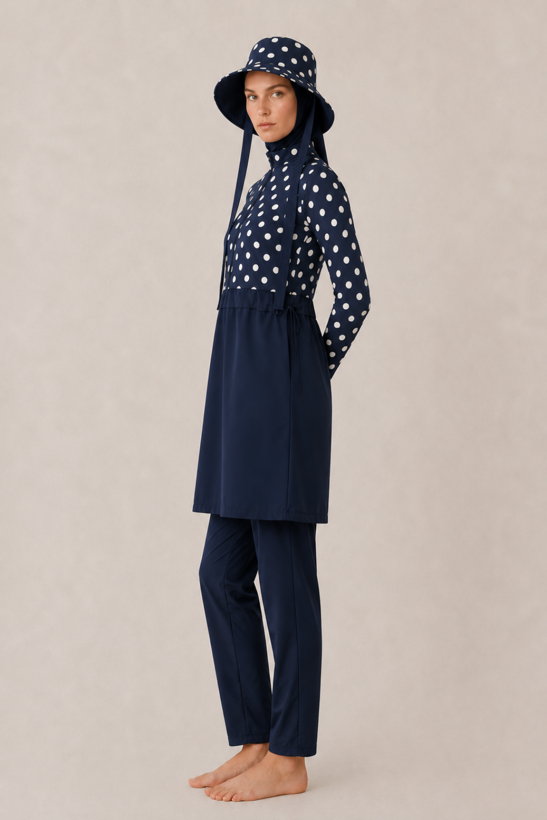 PEARL DOT |  Önden Yarım Fermuarlı Yanları Stoperli Beyaz Puantiyeli Lacivert Tesettür Mayo 5 li Set