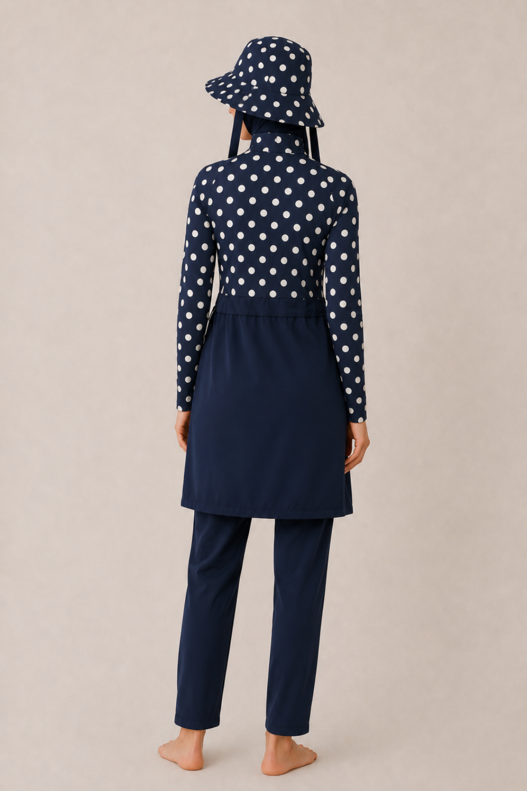 PEARL DOT |  Önden Yarım Fermuarlı Yanları Stoperli Beyaz Puantiyeli Lacivert Tesettür Mayo 5 li Set