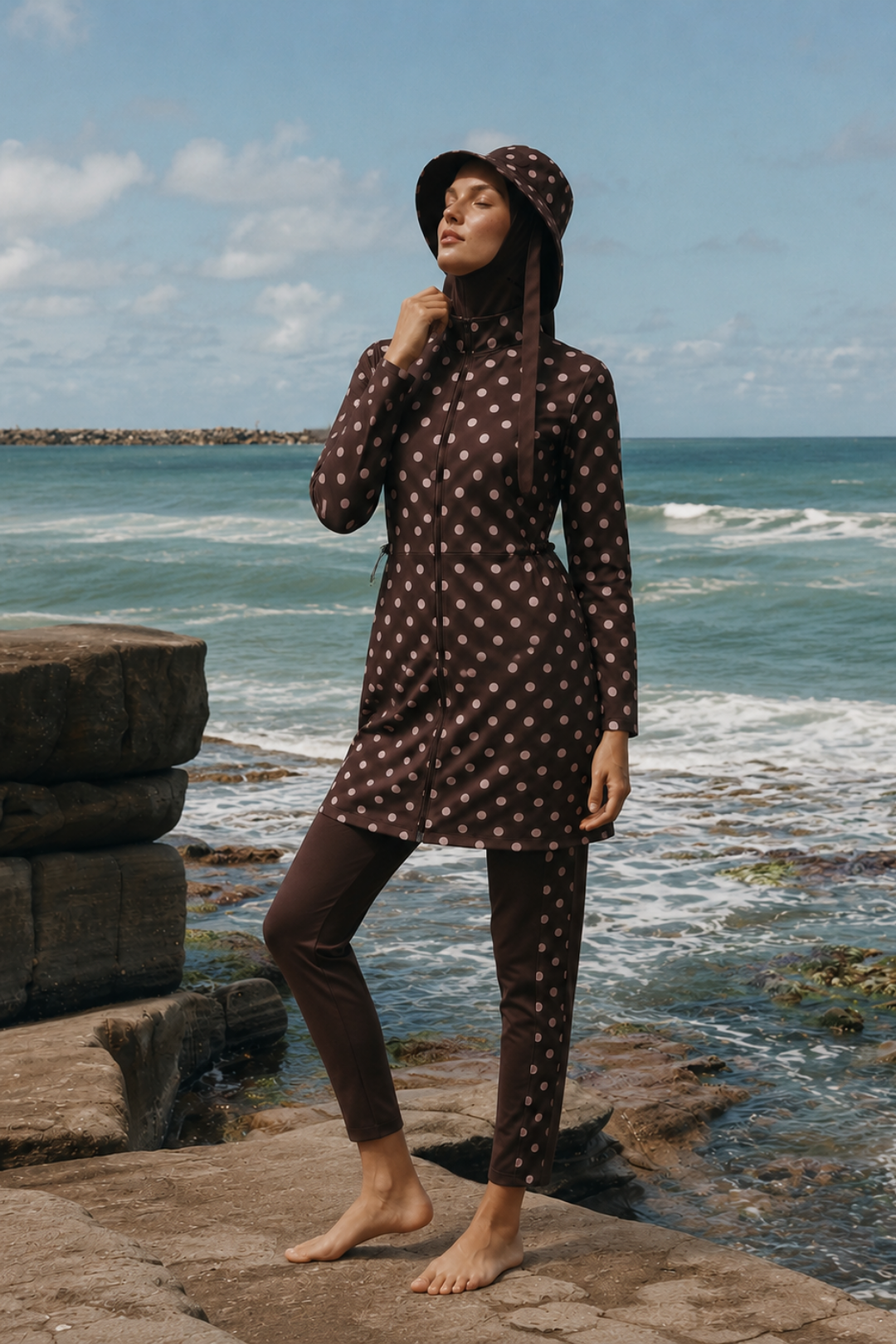 PEARL DOT | Pudra Puantiyeli Kahve Stoperli Tesettür Mayo 5 li Set