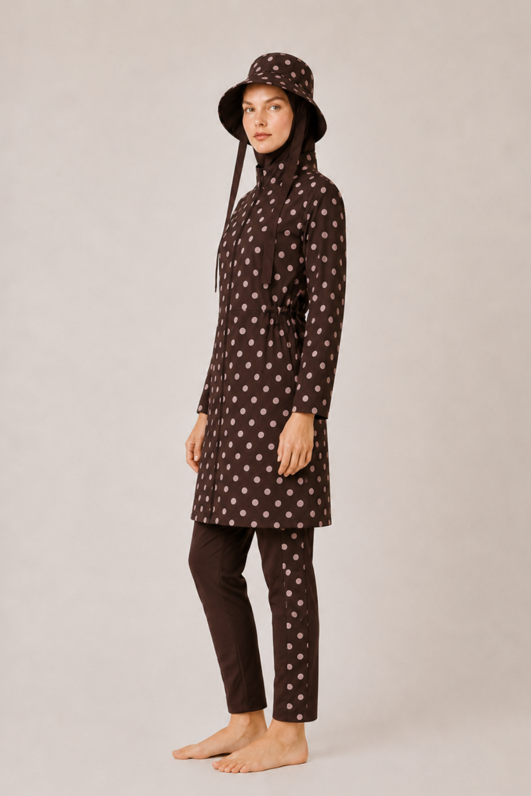 PEARL DOT | Pudra Puantiyeli Kahve Stoperli Tesettür Mayo 5 li Set