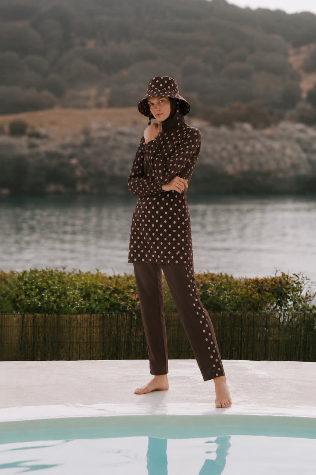 PEARL DOT | Pudra Puantiyeli Kahve Tesettür Mayo 5 li Set