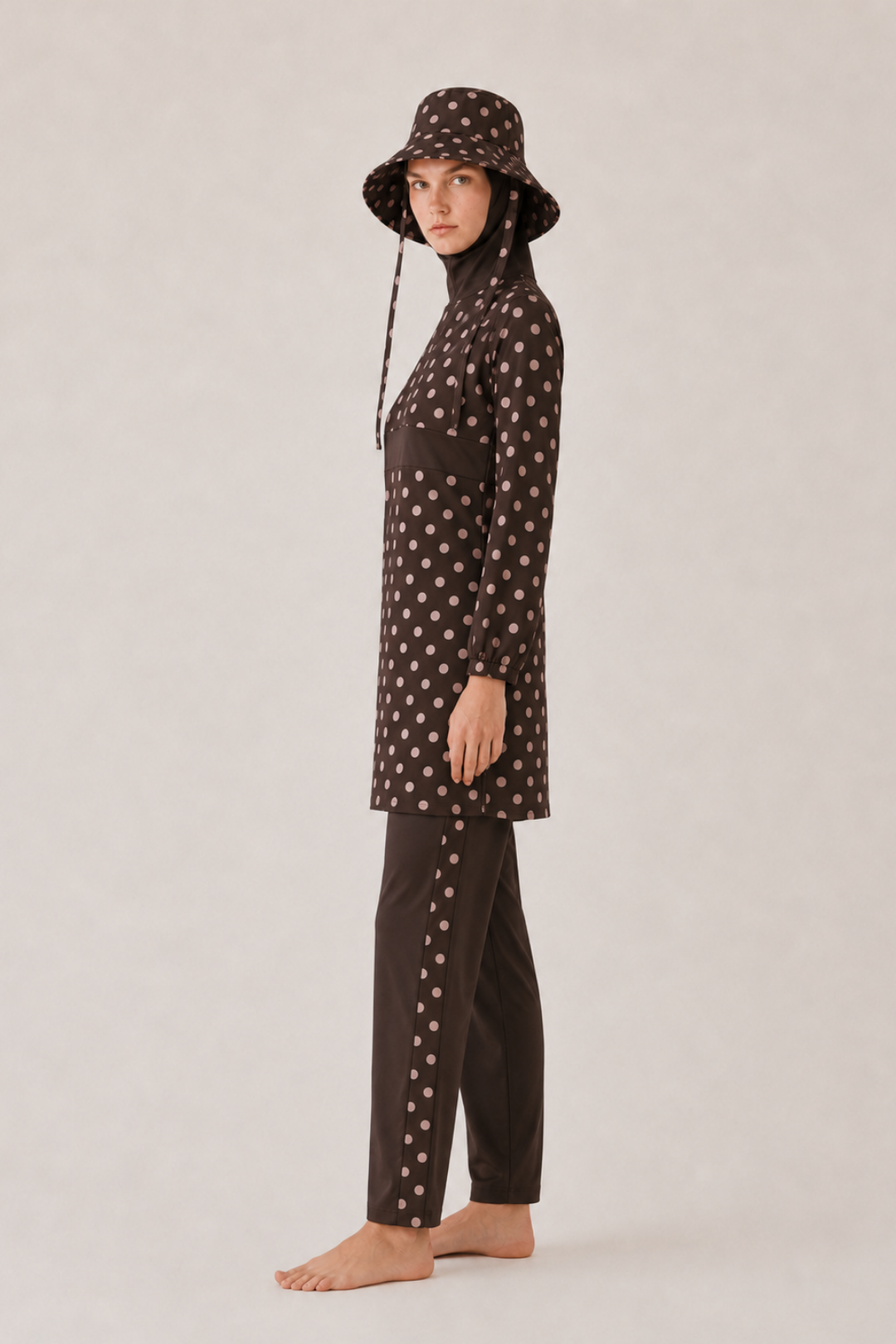 PEARL DOT | Pudra Puantiyeli Kahve Tesettür Mayo 5 li Set