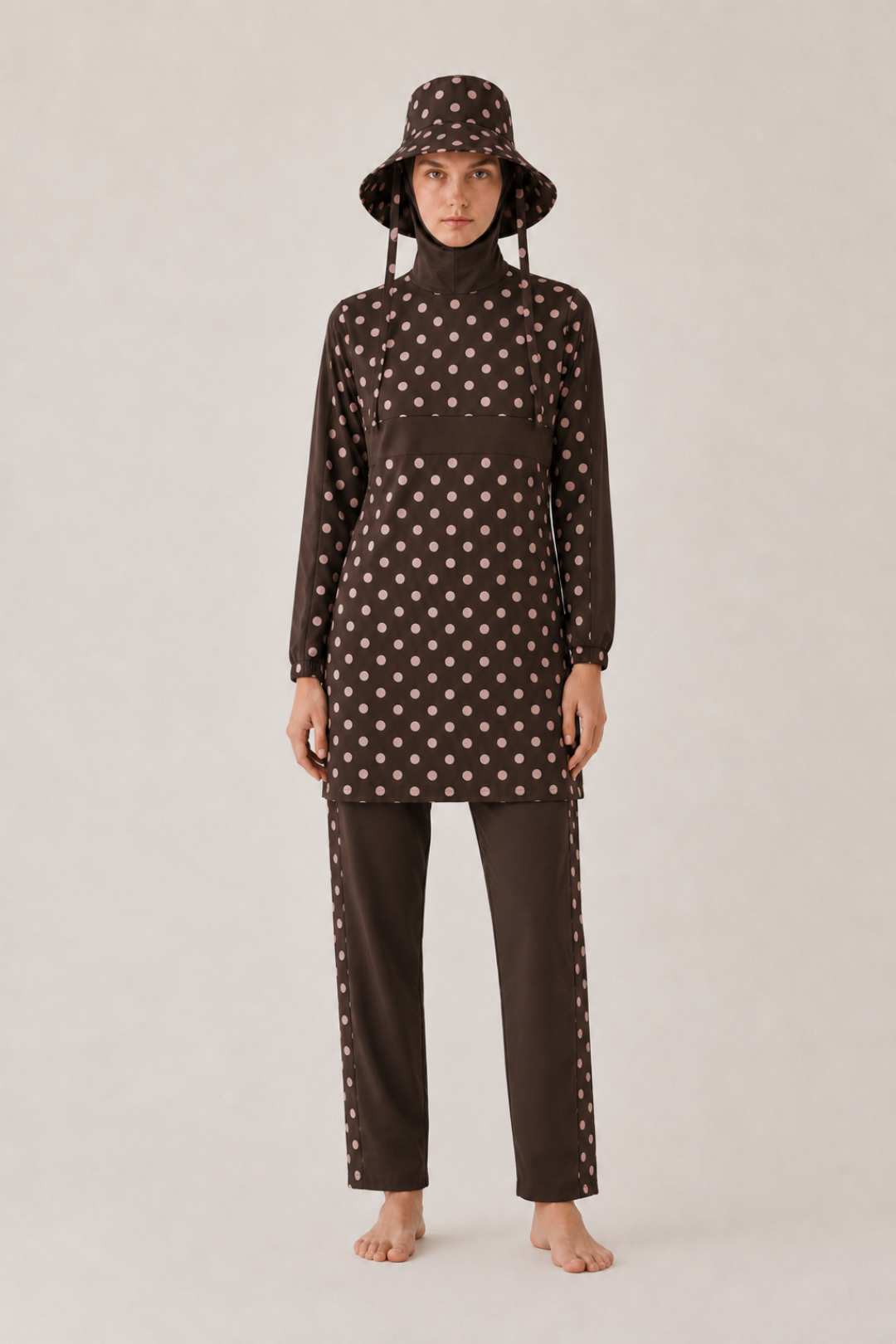 PEARL DOT | Pudra Puantiyeli Kahve Tesettür Mayo 5 li Set