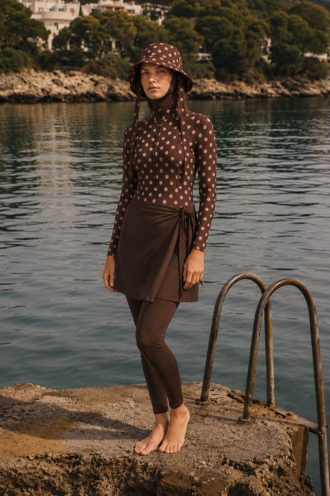 PEARL DOT | Pudra Puantiyeli Kahve Yüzücü Tesettür Mayo 5 li Set