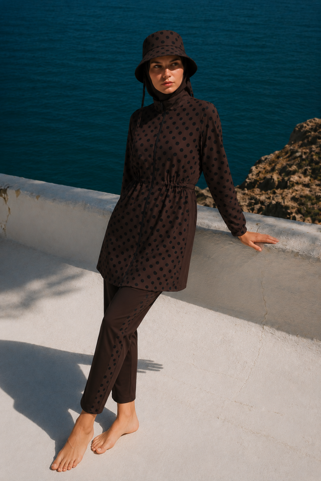 PEARL DOT | Siyah Puantiyeli Kahve Stoperli Tesettür Mayo 5 li Set