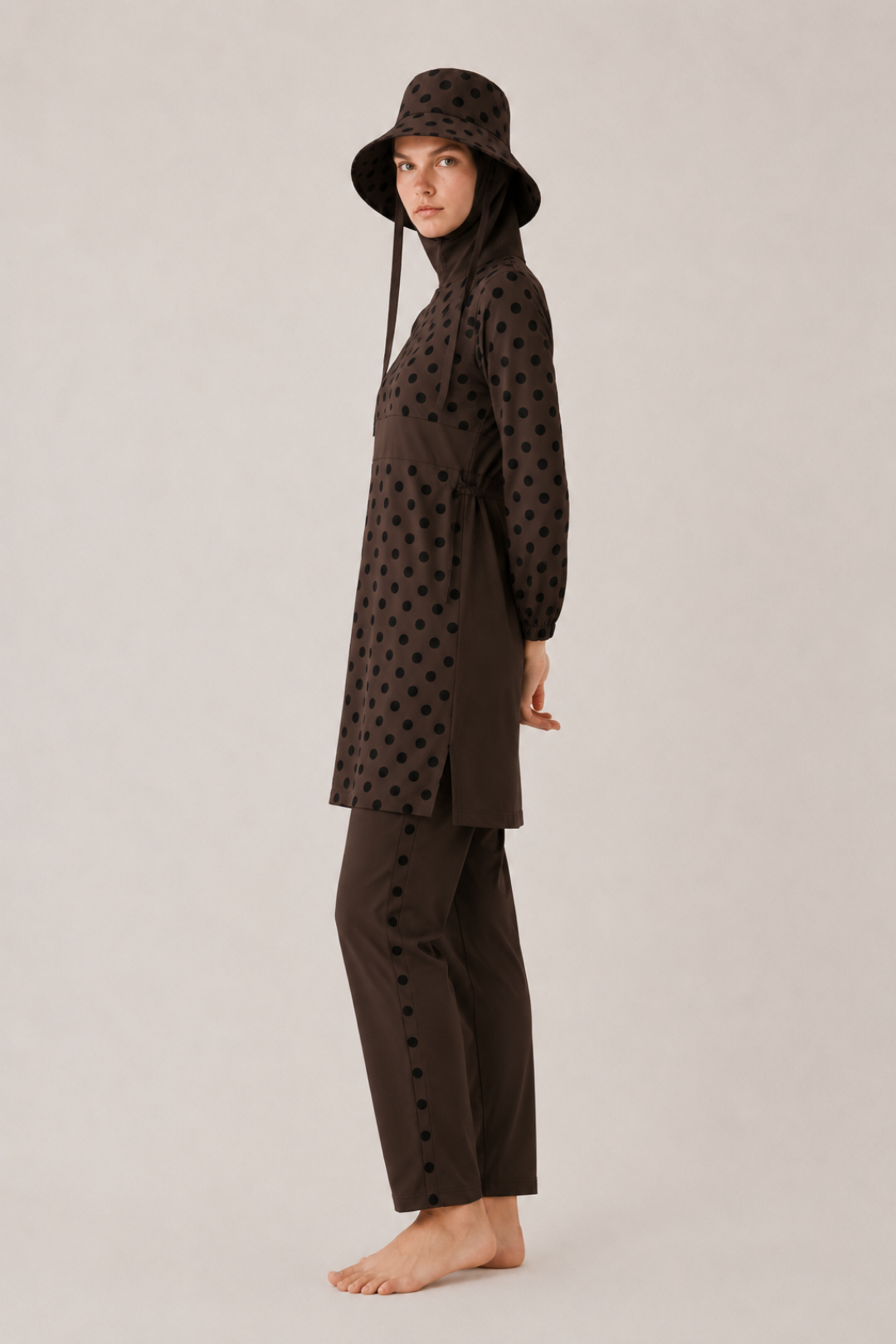 PEARL DOT | Siyah Puantiyeli Kahve Tesettür Mayo 5 li Set