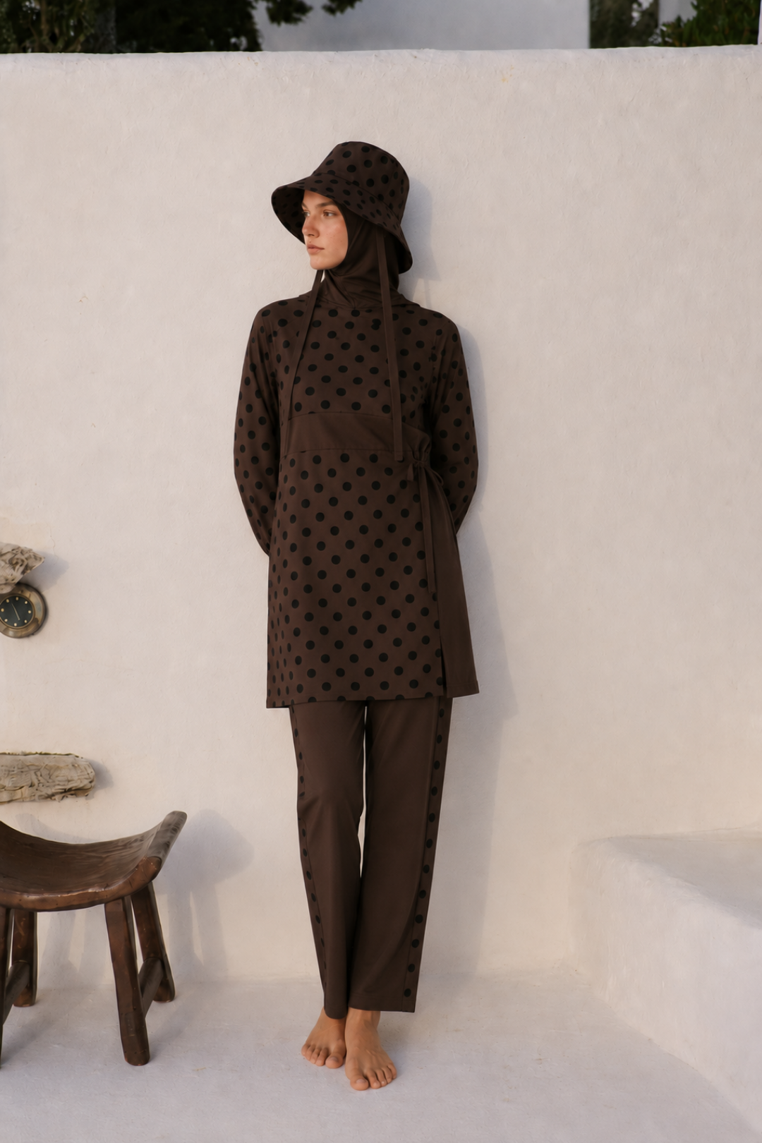 PEARL DOT | Siyah Puantiyeli Kahve Tesettür Mayo 5 li Set
