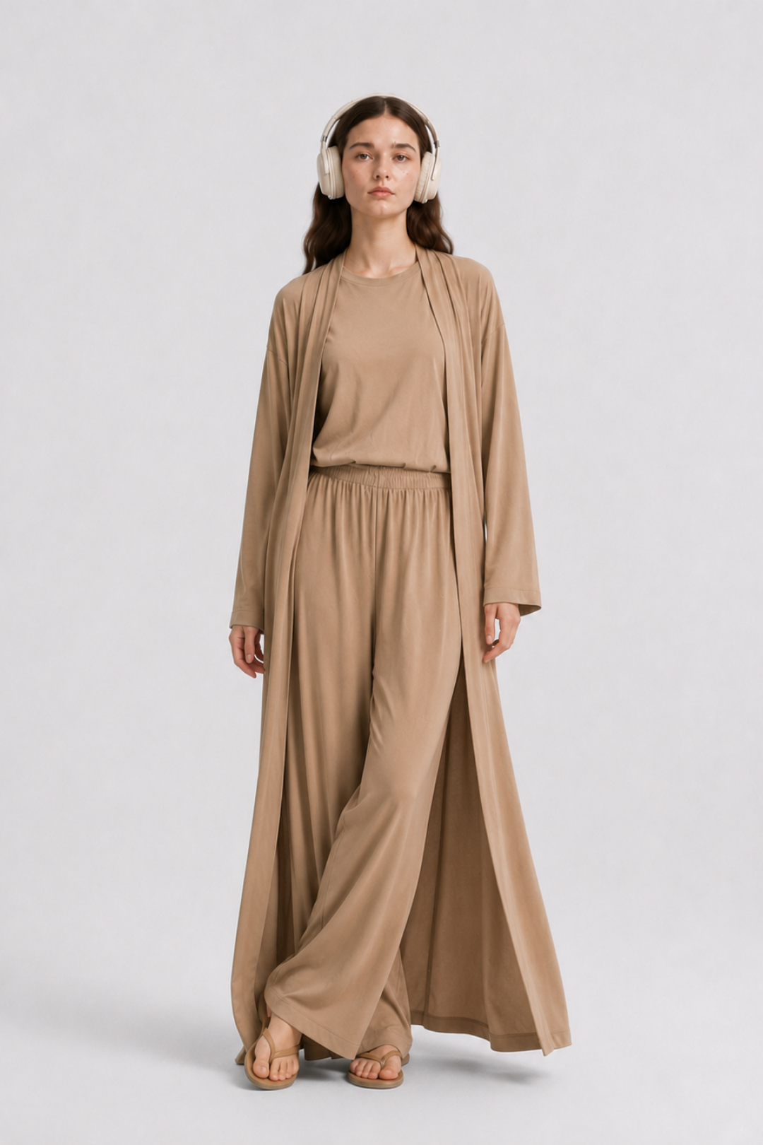 Relaxia | 3 lü Kimono Pantolon Tişört Takım Sütlü Kahve