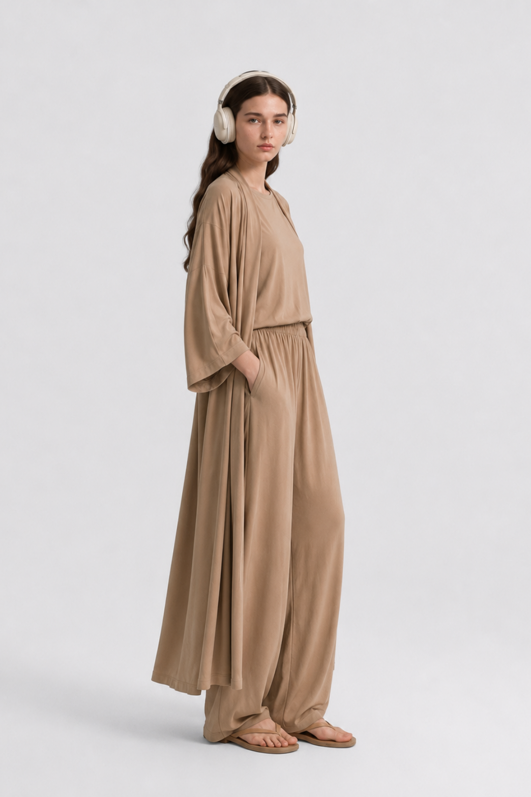 Relaxia | 3 lü Kimono Pantolon Tişört Takım Sütlü Kahve