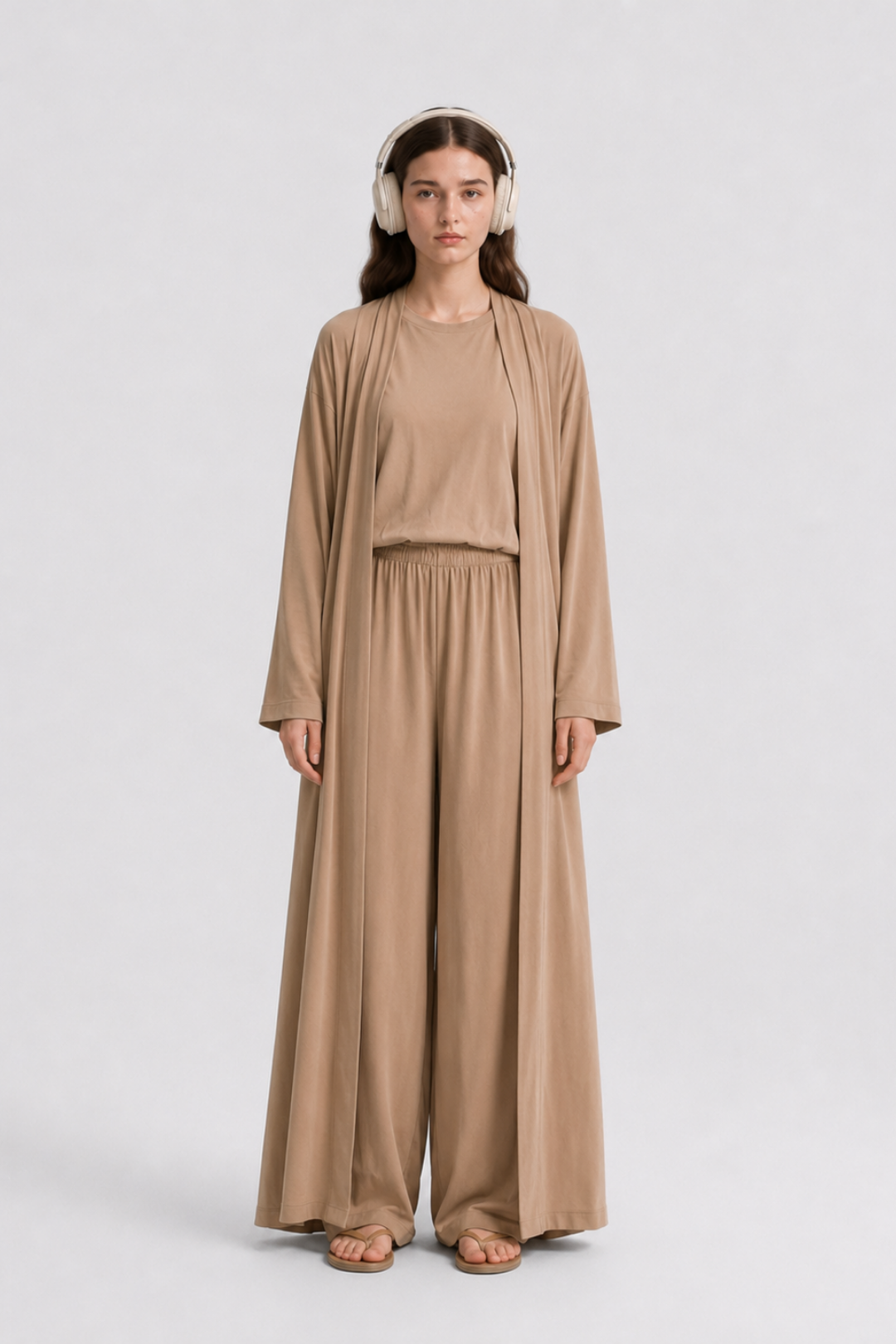 Relaxia | 3 lü Kimono Pantolon Tişört Takım Sütlü Kahve