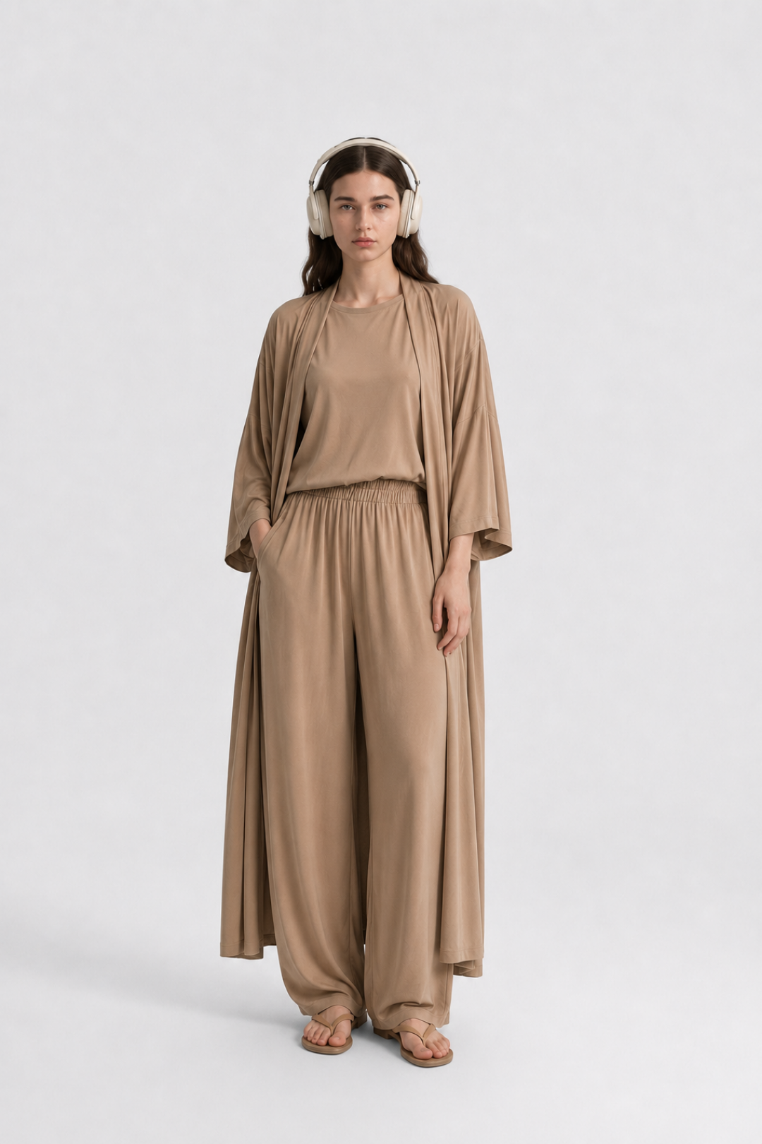 Relaxia | 3 lü Kimono Pantolon Tişört Takım Sütlü Kahve