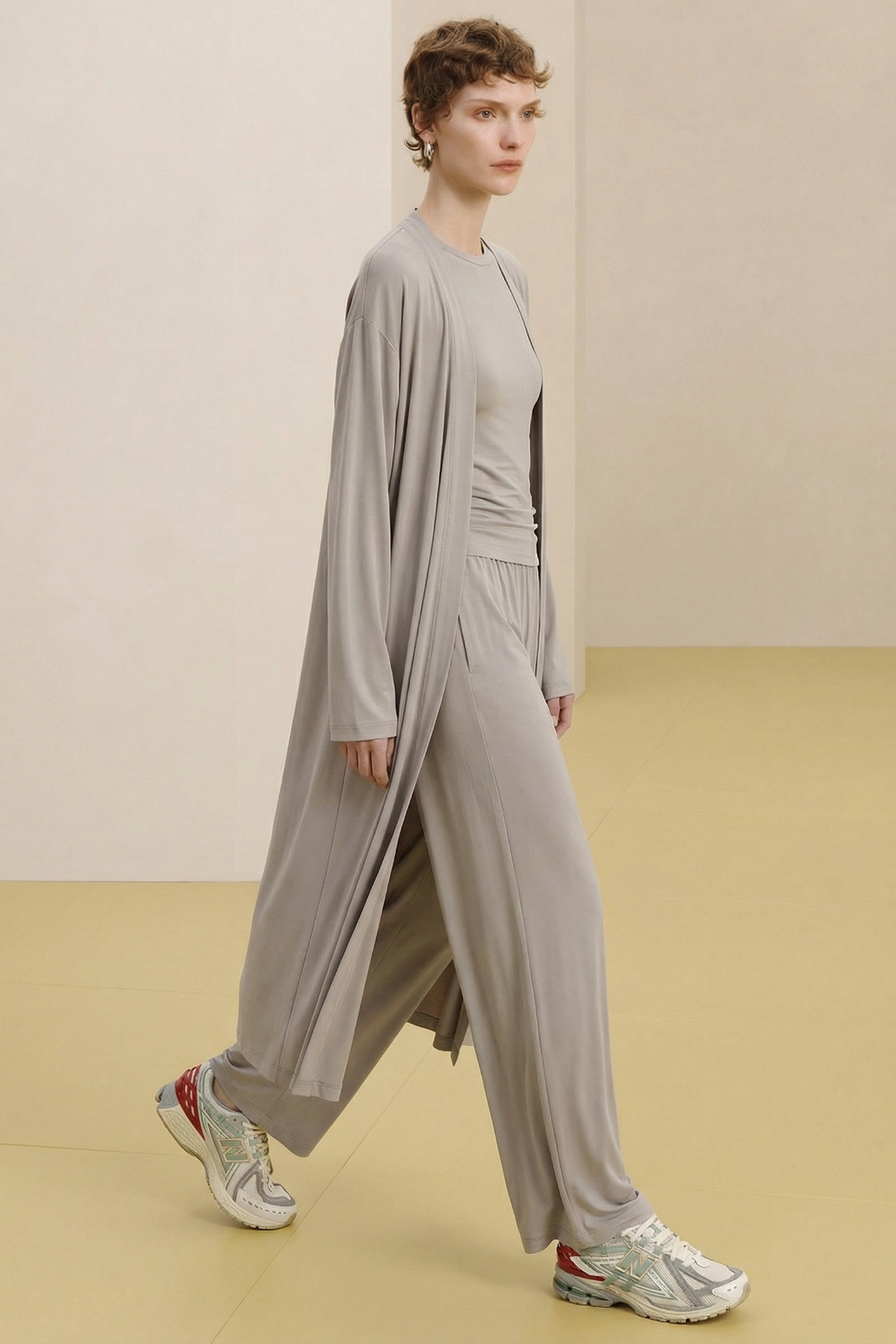 RELAXIA | 3'lü Kimono Takım: Kimono, T-shirt ve Beli Lastikli Pantolon Taş Gri