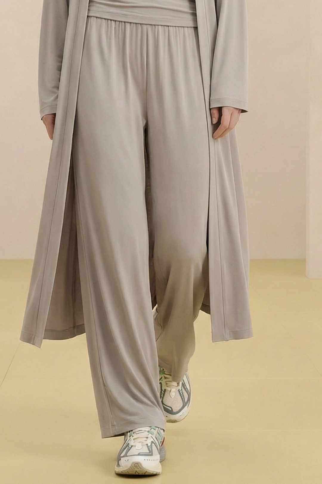 RELAXIA | 3'lü Kimono Takım: Kimono, T-shirt ve Beli Lastikli Pantolon Taş Gri