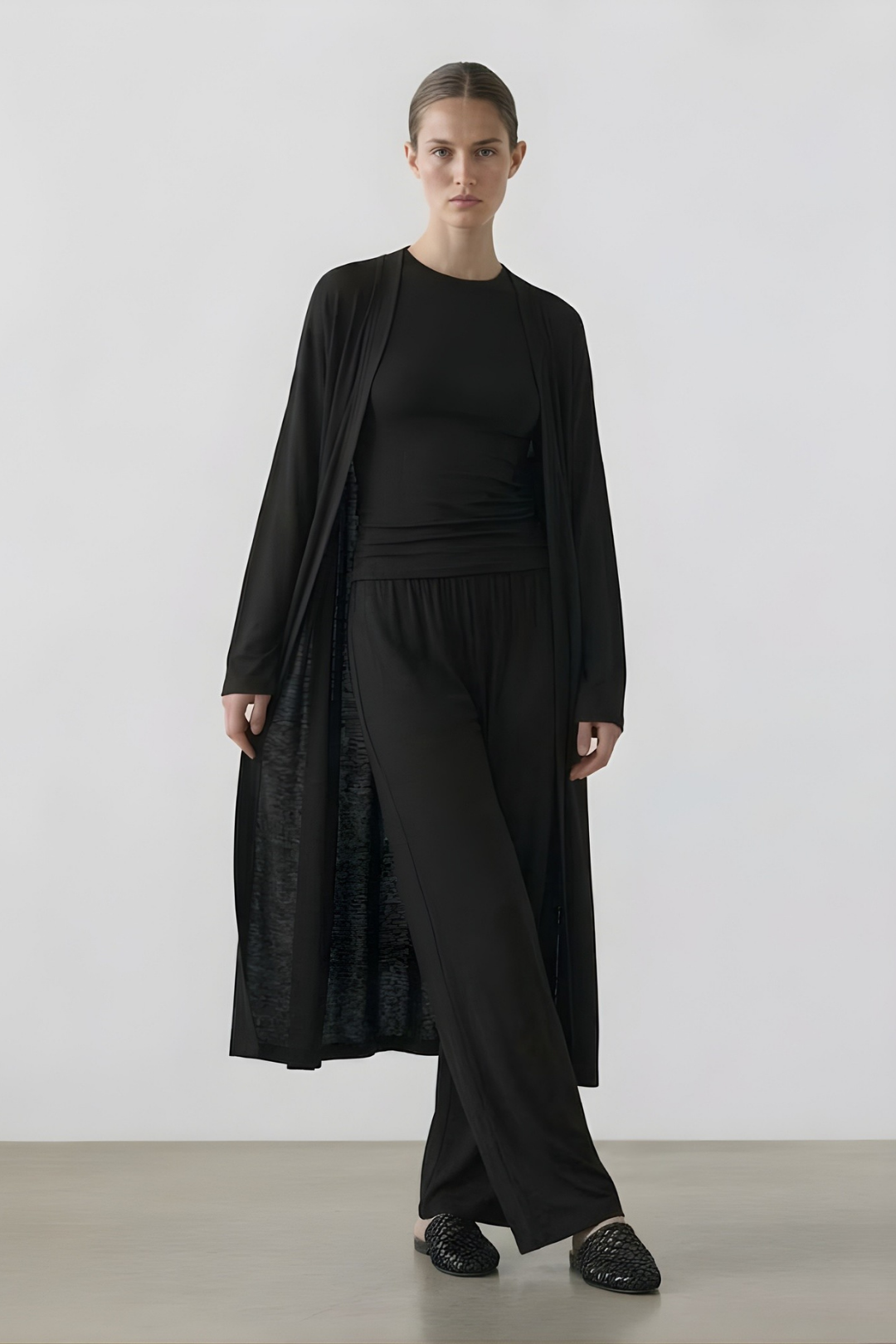 RELAXIA | 3'lü Kimono Takım: Kimono, T-shirt ve Beli Lastikli Pantolon Siyah