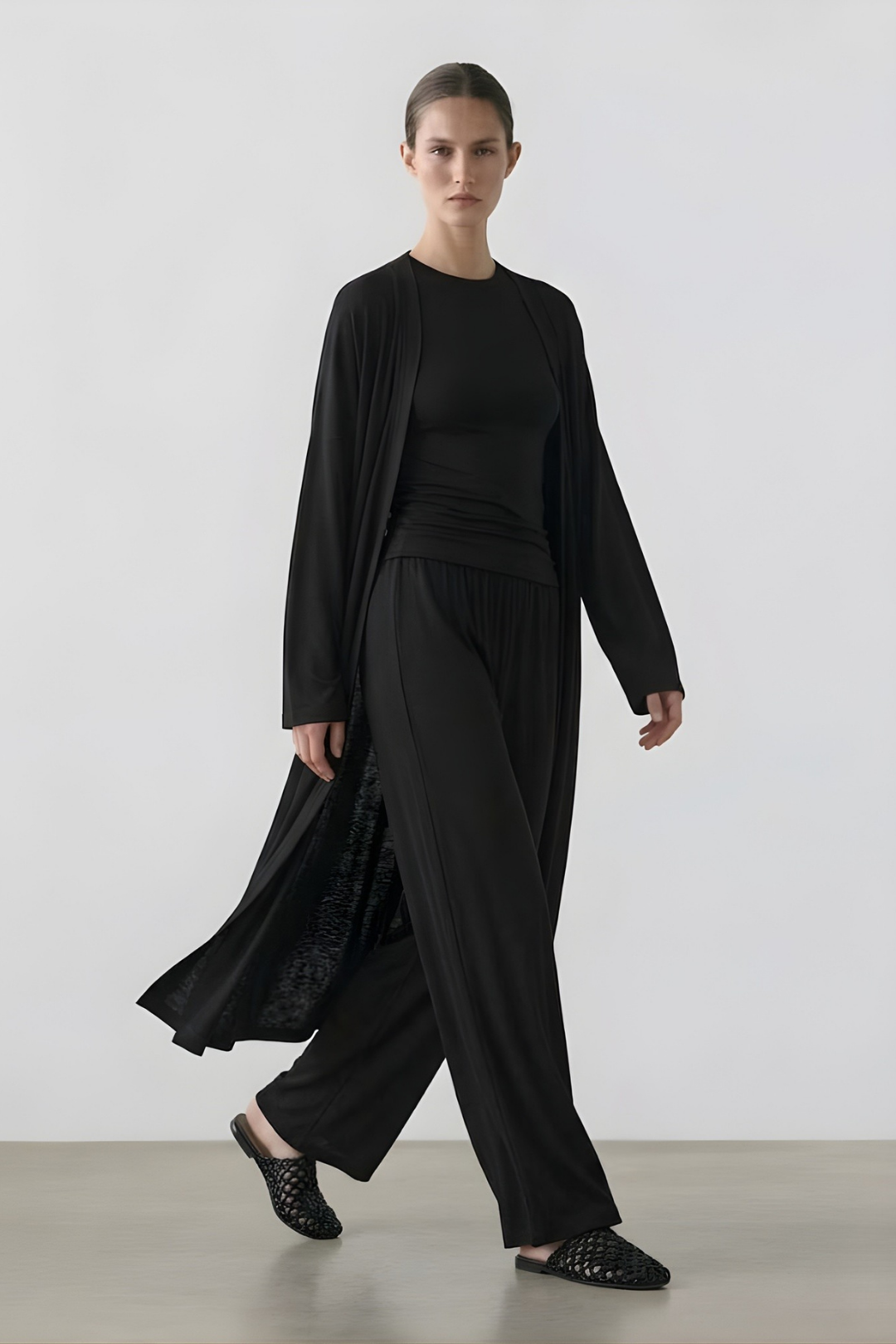 RELAXIA | 3'lü Kimono Takım: Kimono, T-shirt ve Beli Lastikli Pantolon Siyah