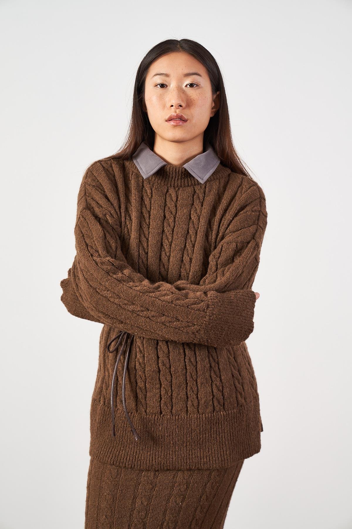 Saç Örgü Oversize Triko Kazak Kahve