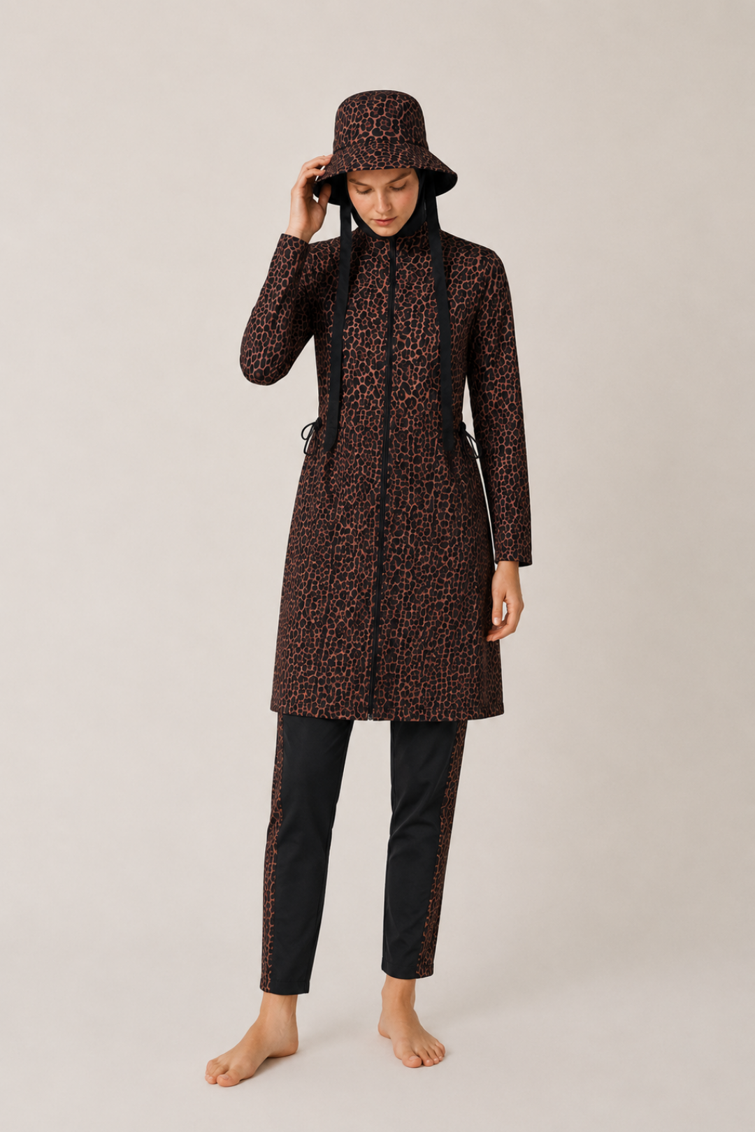 SOLARA WİLD | Leopar Desen Siyah Stoperli Tesettür Mayo 5 li Set