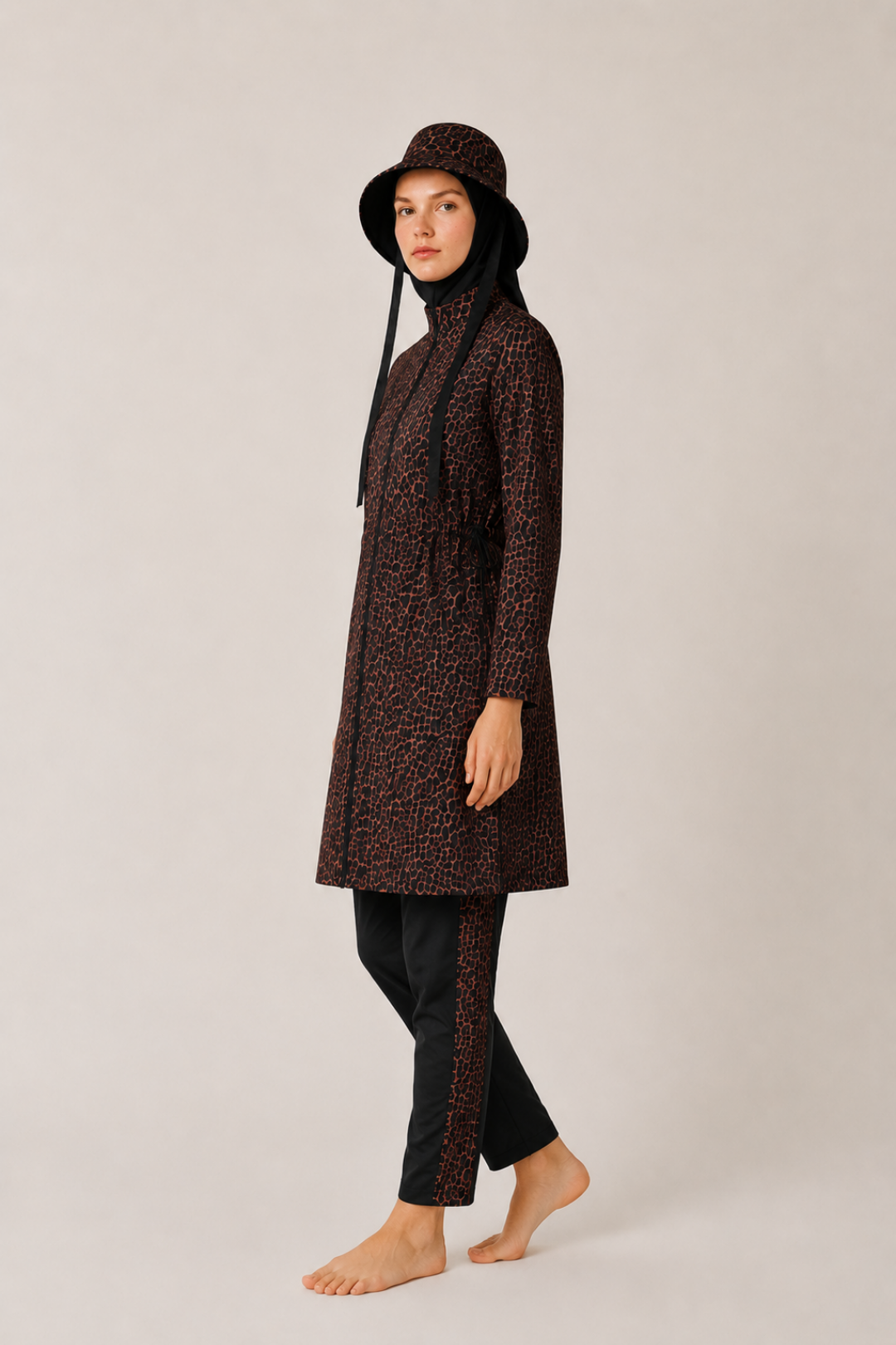 SOLARA WİLD | Leopar Desen Siyah Stoperli Tesettür Mayo 5 li Set