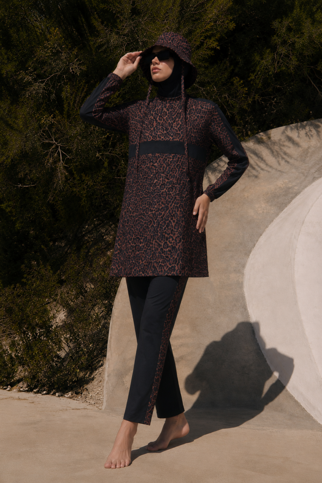 SOLARA WİLD | Leopar Desen Siyah Tesettür Mayo 5 li Set