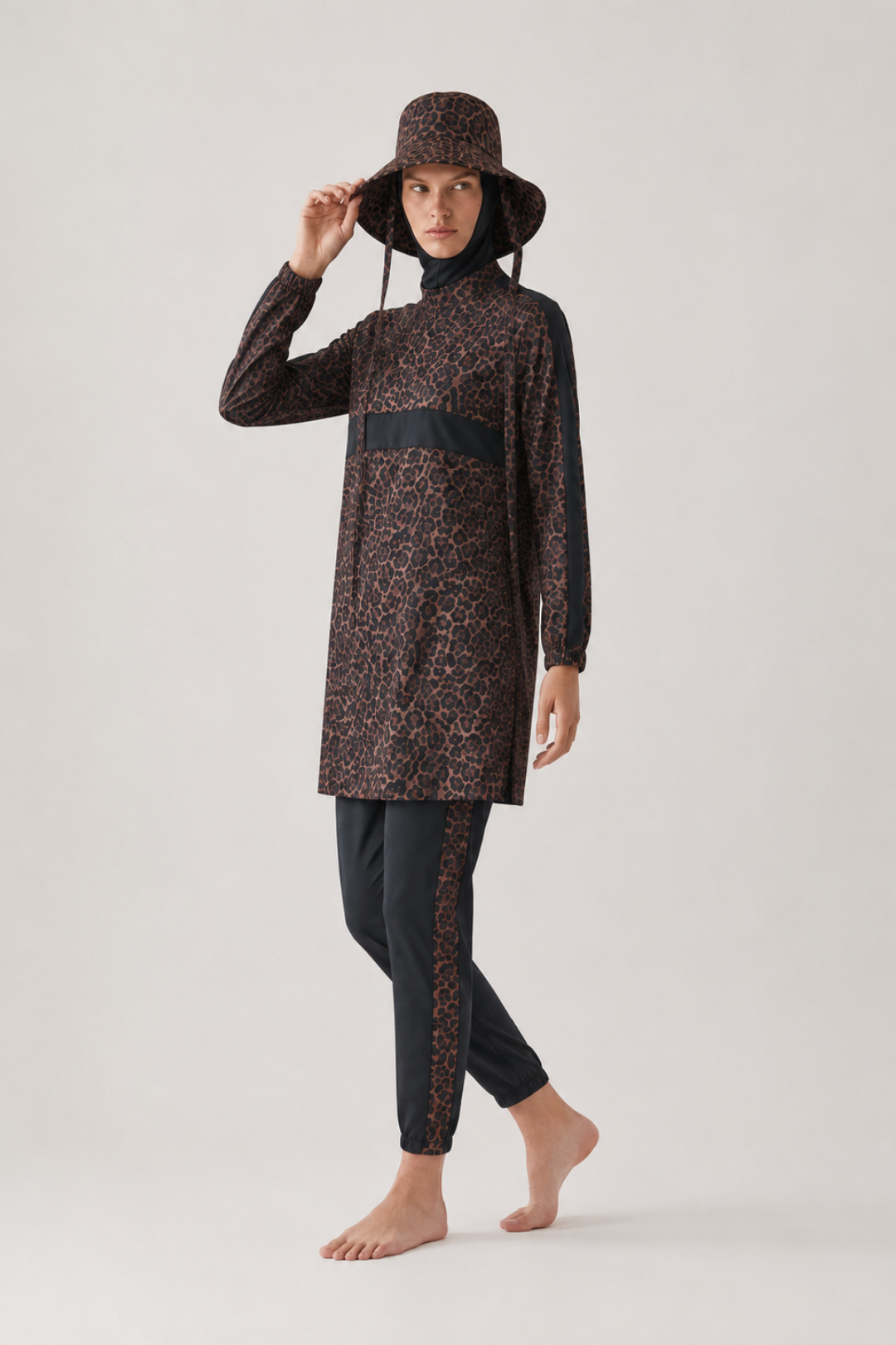SOLARA WİLD | Leopar Desen Siyah Tesettür Mayo 5 li Set