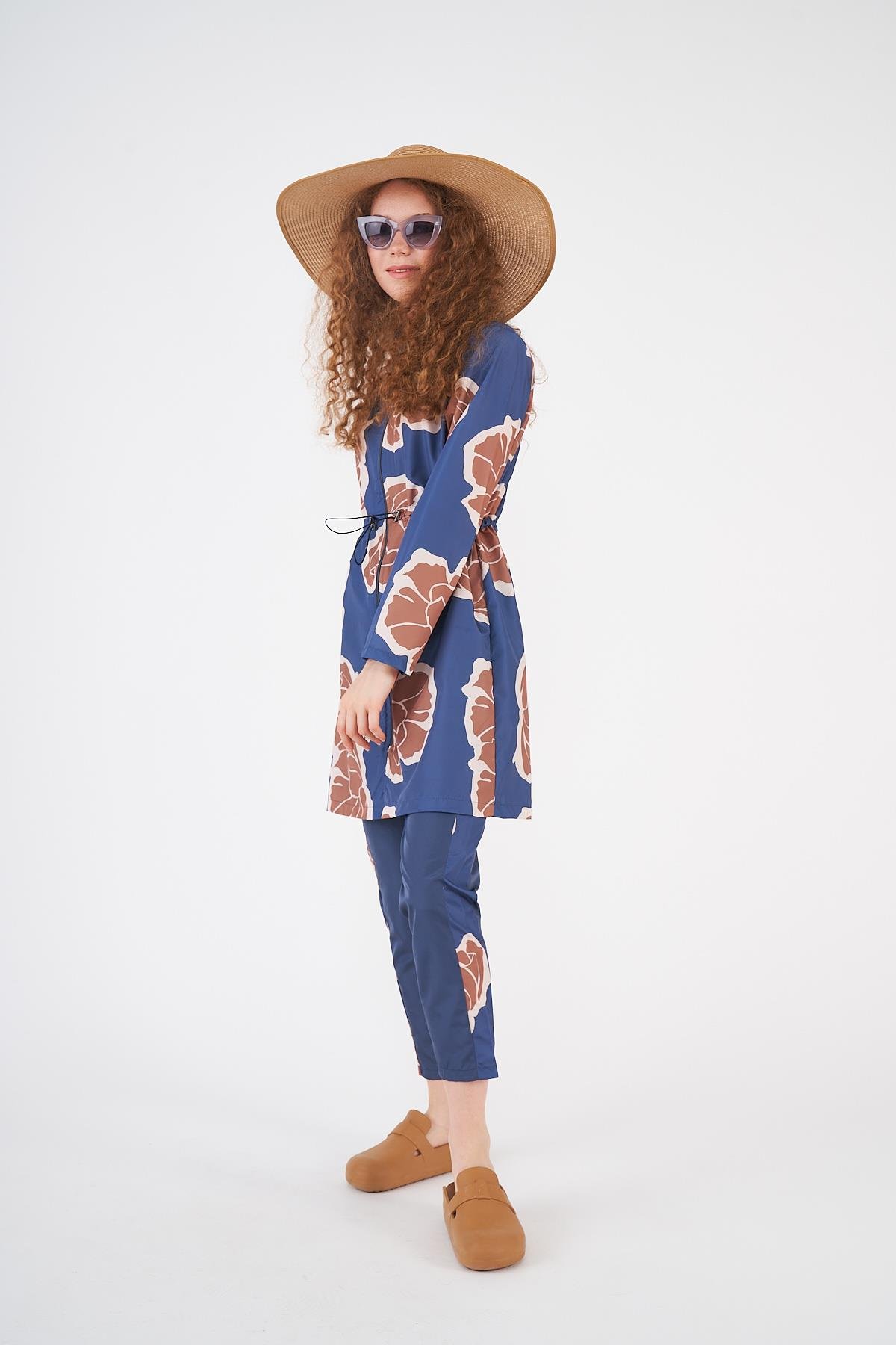 Stopper Flower Pattern Covered Swimsuit indigo