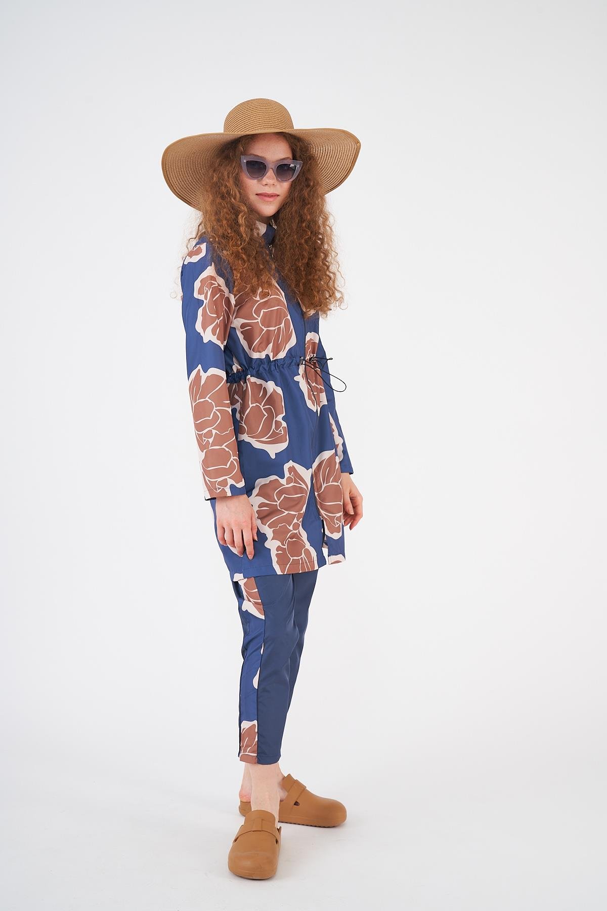 Stopper Flower Pattern Covered Swimsuit indigo