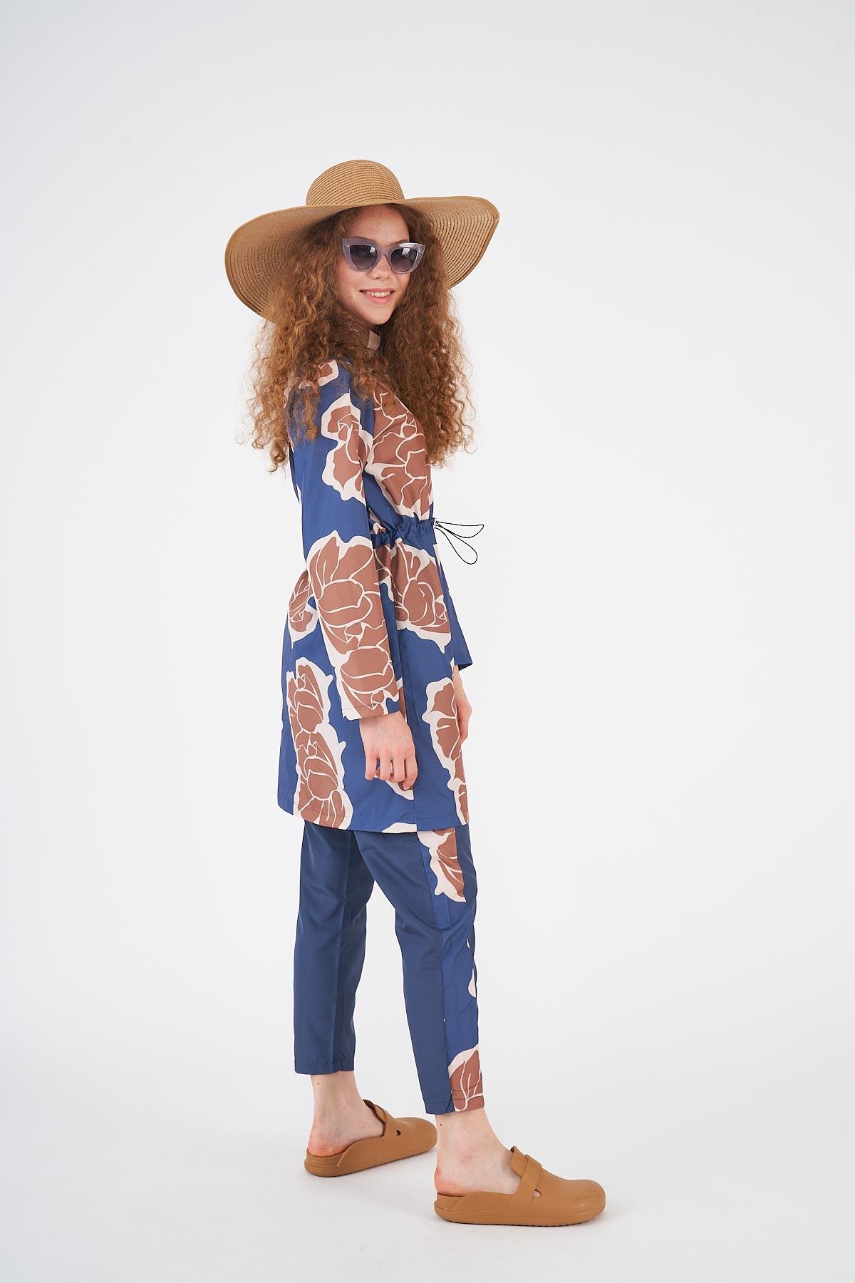 Stopper Flower Pattern Covered Swimsuit indigo