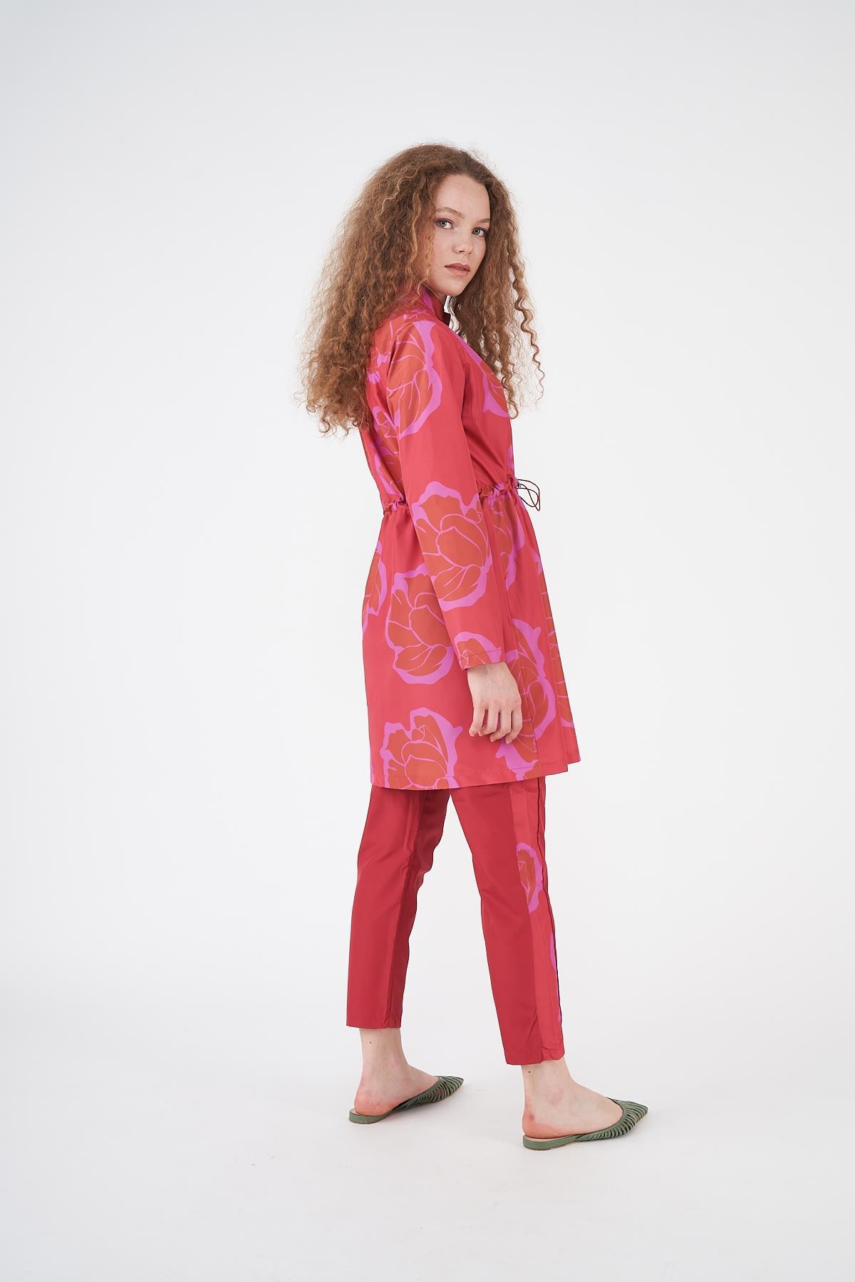 Stopper Flower Pattern Covered Swimsuit Red