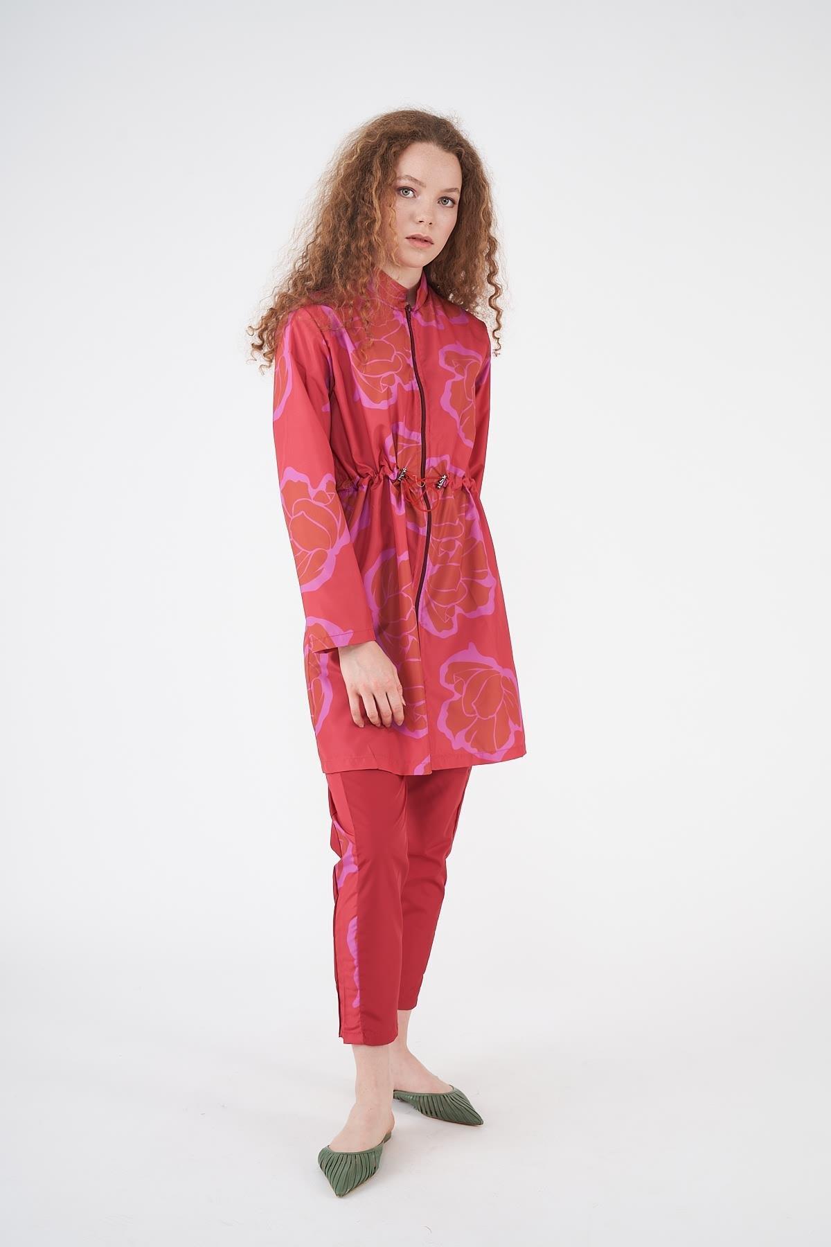 Stopper Flower Pattern Covered Swimsuit Red