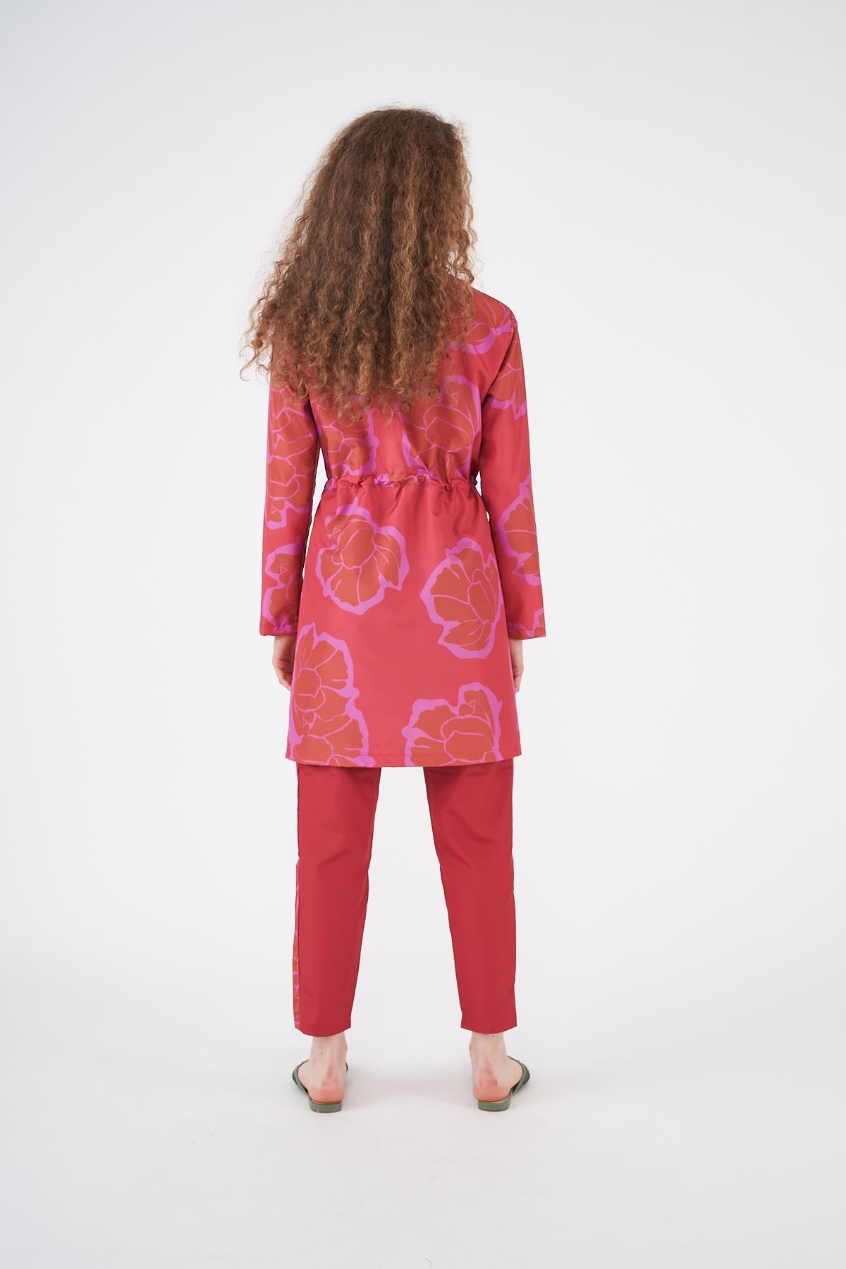 Stopper Flower Pattern Covered Swimsuit Red
