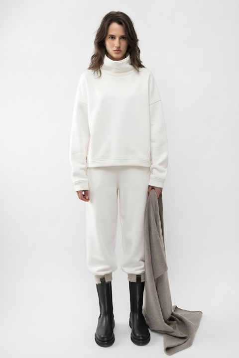 Üç İplik Polar Sweatshirt Ekru