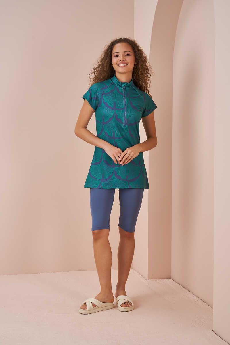 Leaf Pattern Half Covered Swimsuit indigo