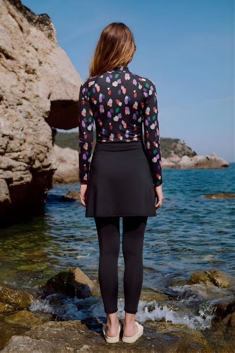Sport Swimsuit Leggings Skirt 3 Pcs Polkadot Covered Swimsuit Black
