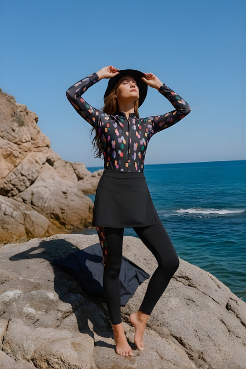 Sport Swimsuit Leggings Skirt 3 Pcs Polkadot Covered Swimsuit Black