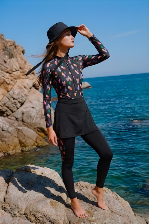 Sport Swimsuit Leggings Skirt 3 Pcs Polkadot Covered Swimsuit Black