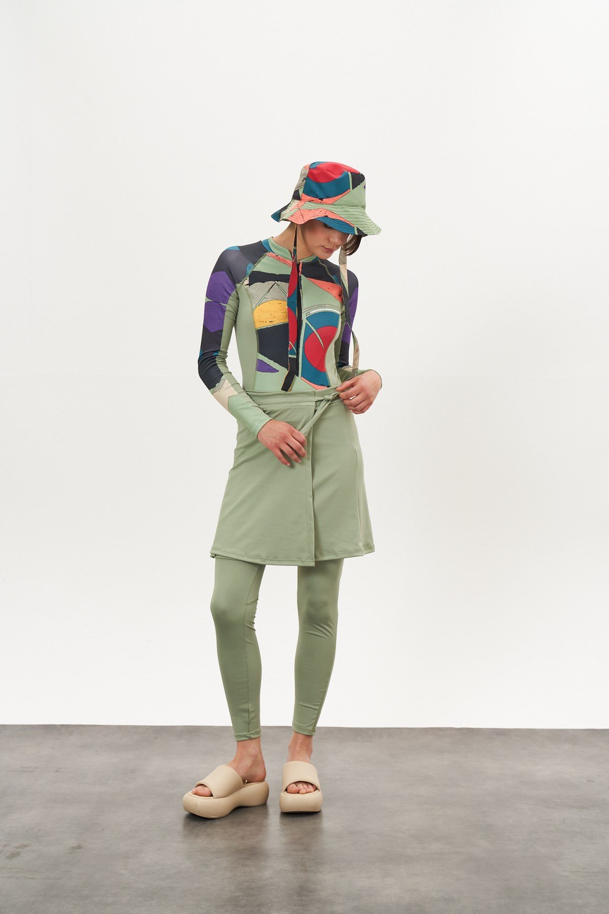 Yüzücü Mayo Tayt Etek 3lü Desenli Mayo Çağla