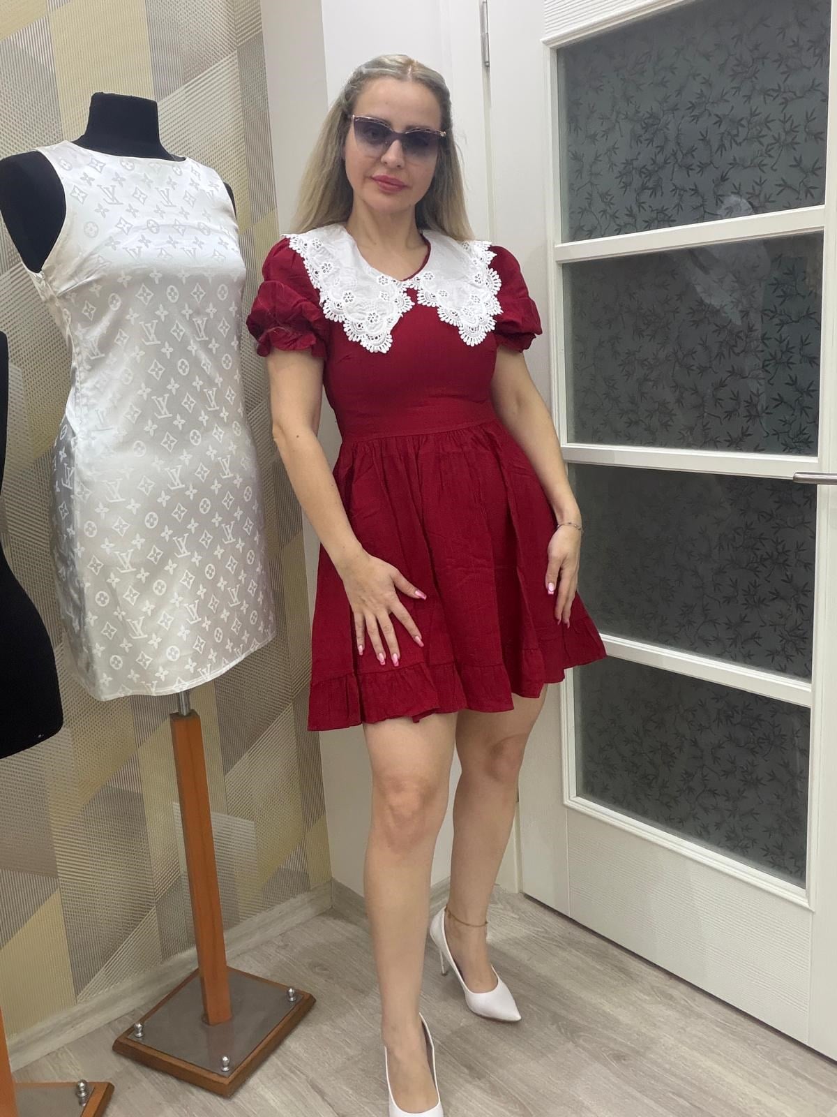 Bebe Yaka Keten Elbise Kırmızı